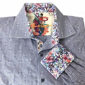 Robert Graham Shirt Blue Asian Tiger Gingham Embroidered Classic Fit